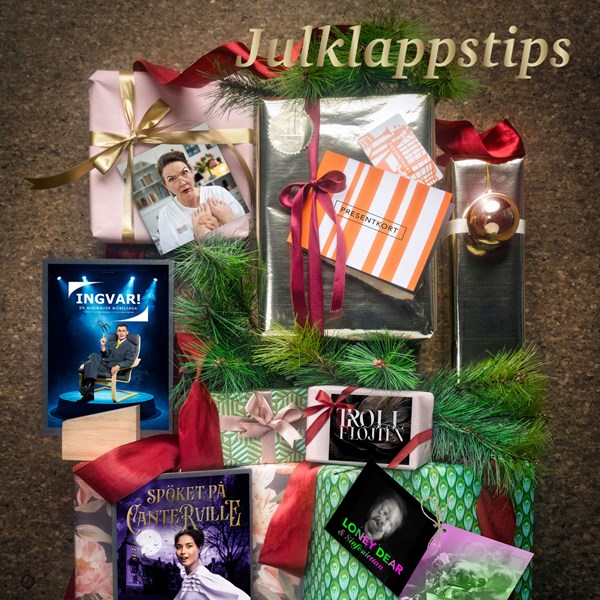 Dekorativ bild för julklappstips. Visar affischbilder för olika konserter och föreställningar i Spira. 