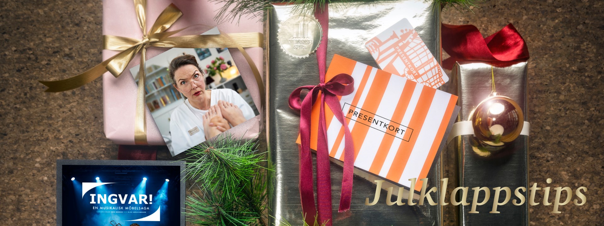 Dekorativ bild för julklappstips. Visar affischbilder för olika konserter och föreställningar i Spira. 