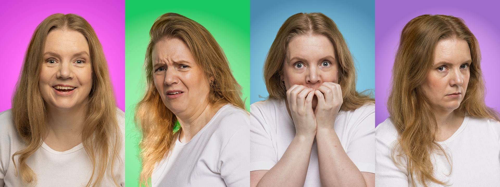 Affischbild för Freja Musikteaters föreställning Jul hos Anna. Affischbild för Freja Musikteaters föreställning Jul hos Anna. Fyra bilder av samma kvinna när hon uttrycker olika känslor.