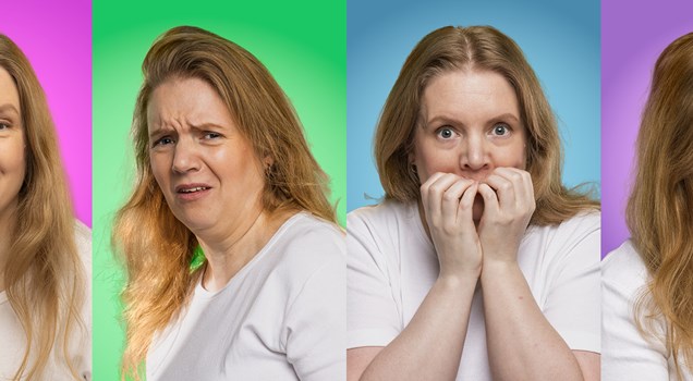 Affischbild för Freja Musikteaters föreställning Jul hos Anna. Affischbild för Freja Musikteaters föreställning Jul hos Anna. Fyra bilder av samma kvinna när hon uttrycker olika känslor.