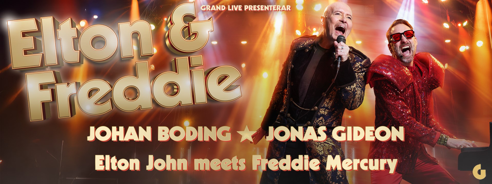 Affischbild för konserten Elton John meets Freddie Mercury. Två sjungande män.