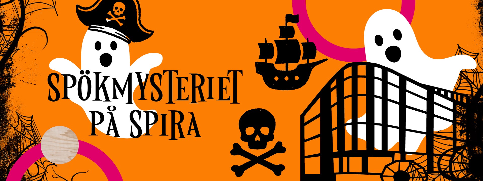 En illustrerad bild med spöken, pirathattar och Kulturhuset Spira.