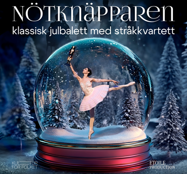 Affischbild för balettföreställningen "Nötknäpparen". En snöglob med en dansande ballerina i rosa kostym som balanserar på tåspetsen. I handen håller hon en röd nötknäppare.