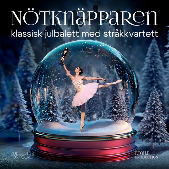 Affischbild för balettföreställningen "Nötknäpparen". En snöglob med en dansande ballerina i rosa kostym som balanserar på tåspetsen. I handen håller hon en röd nötknäppare.