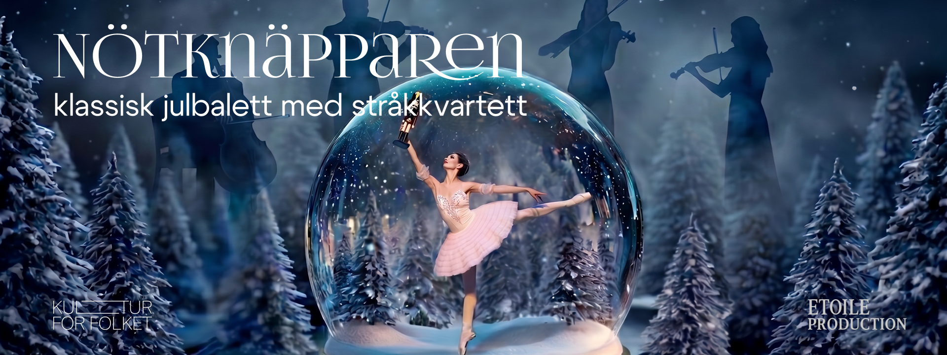 Affischbild för balettföreställningen "Nötknäpparen". En snöglob med en dansande ballerina i rosa kostym som balanserar på tåspetsen. I handen håller hon en röd nötknäppare.