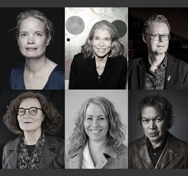 Affischbild för scensamtalet En litteraturfestival. 6 svartvita porträttfoton föreställande de medverkande. 