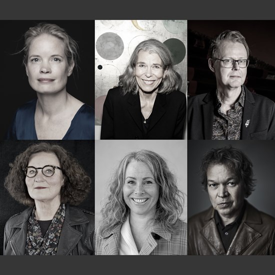 Affischbild för scensamtalet En litteraturfestival. 6 svartvita porträttfoton föreställande de medverkande. 