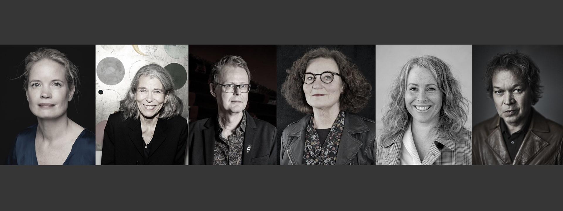 Affischbild för scensamtalet En litteraturfestival. 6 svartvita porträttfoton föreställande de medverkande. 
