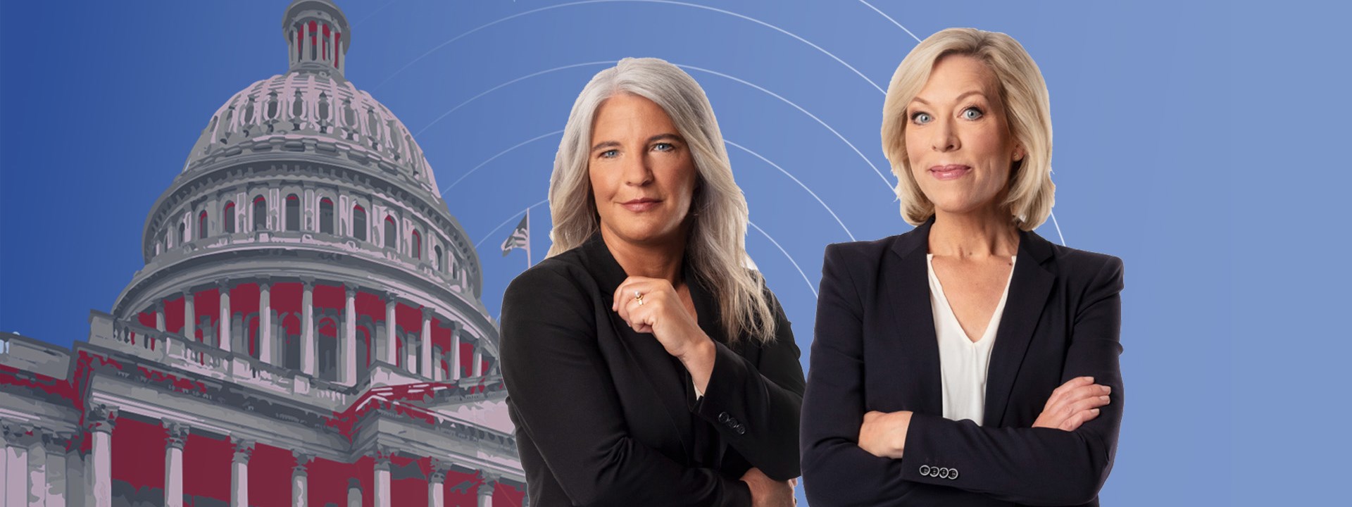 Affischbild för USA-podden En kväll med Sveriges Radio. Två kvinnor framför en illustration av Kapitolium i Washington.
