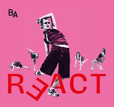 Affischbild för föreställningen React med Balettakademiens studenter. Fem dansande människor i olika poser mot en rosa bakgrund.