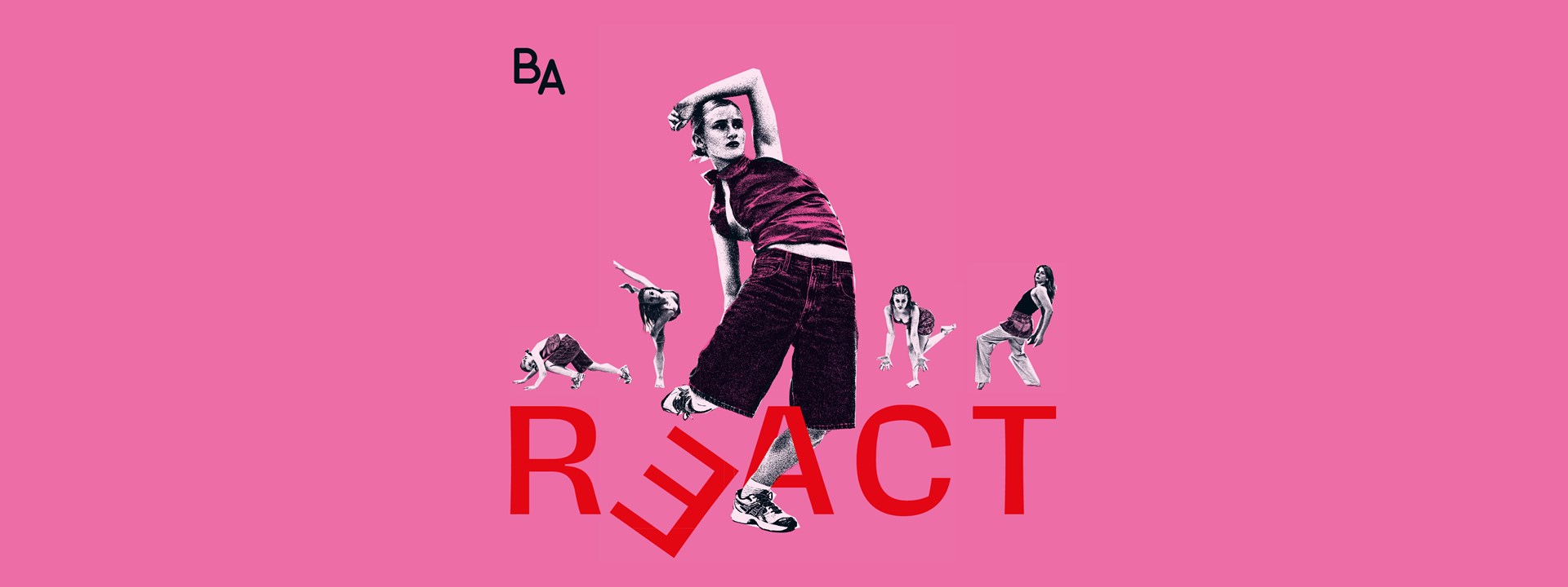 Affischbild för föreställningen React med Balettakademiens studenter. Fem dansande människor i olika poser mot en rosa bakgrund.