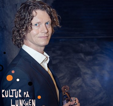 Affischbild för lunchkonserten "Ett stråk av barock". En man med en fiol.