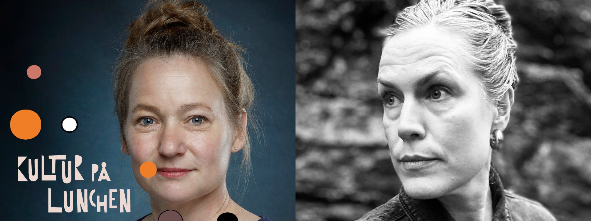 Affischbild för lunchlyriken När tiden slutar rusa ligger stenarna kvar 27 mars kl. 12.00 på Kulturhuset Spira. Två kvinnor. 