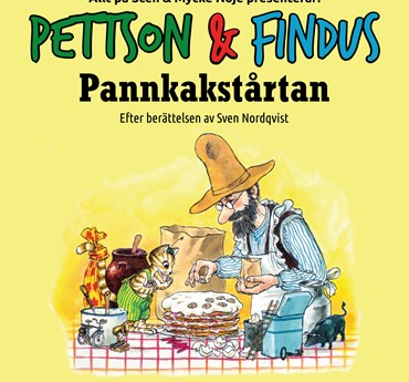Affischbild för familjeföreställningen Pettson & Findus Pannkakstårtan 12 april på Kulturhuset Spira. 