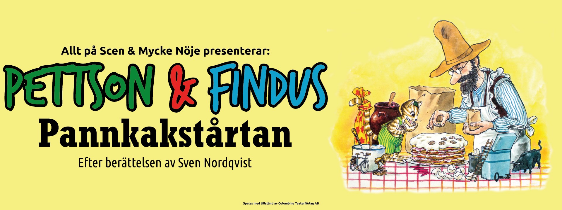 Affischbild för familjeföreställningen Pettson & Findus Pannkakstårtan 12 april på Kulturhuset Spira. 