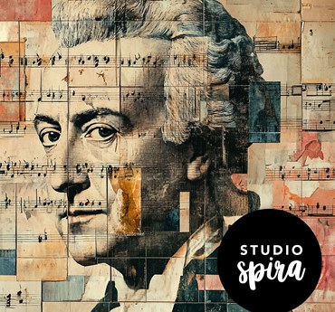 Affischbild för Studio Spira Mozart och operorna 4 mars. Ett porträtt av Mozart i vit peruk mot en bakgrund av notblad.