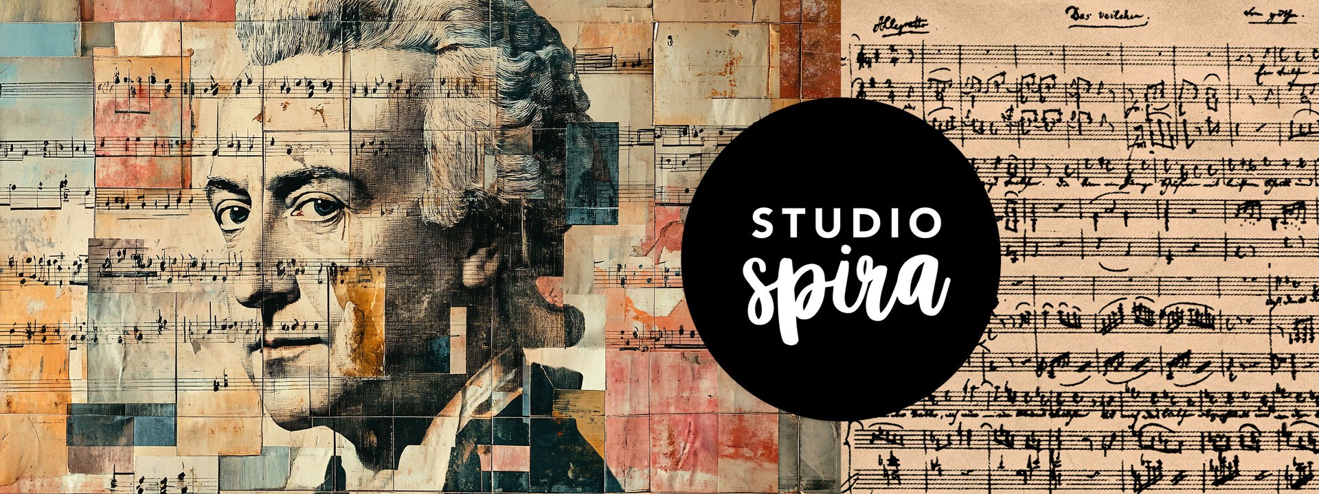 Affischbild för Studio Spira Mozart och operorna 4 mars. Ett porträtt av Mozart i vit peruk mot en bakgrund av notblad.