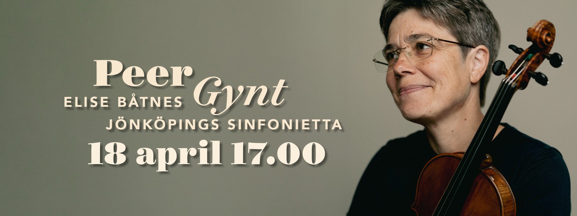 Affischbild för Jönköpings Sinfoniettas konsert Peer Gynt. En kvinna med en violin lutad mot axeln.