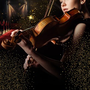 Affischbild för Jönköpings Sinfoniettas trettondagsgala. Ett montage av en violinspelande musiker mot en röd matta och glittrande strålkastare.